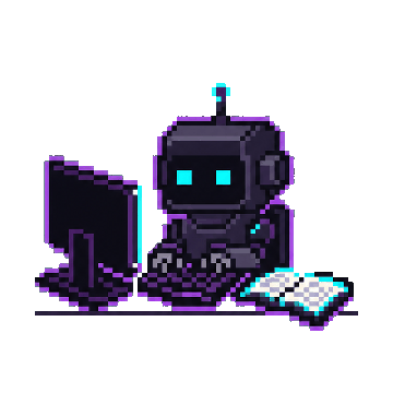 Cute cyberpunk robot typing at a computer and studying from an open book